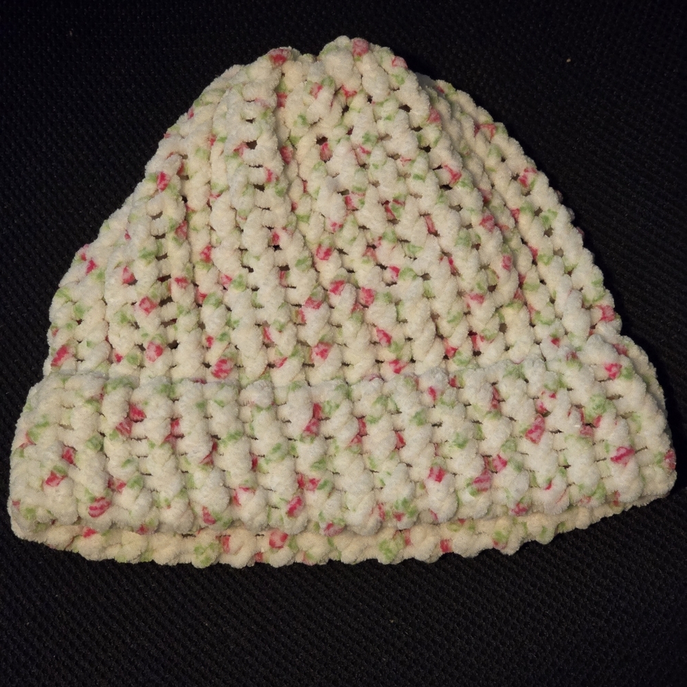 Crocheted Beanie (Green White and Pink)